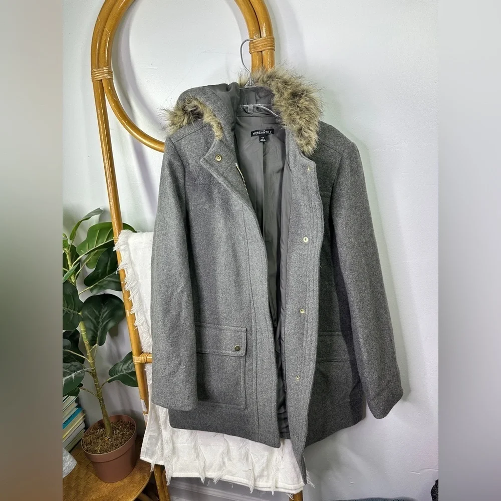 J.Crew Vail Parka Coat Wool Blend Faux Fur Hood Grey Winter Coat sz 12
